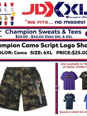Big & Tall Champion Script Camo Shorts 6XL